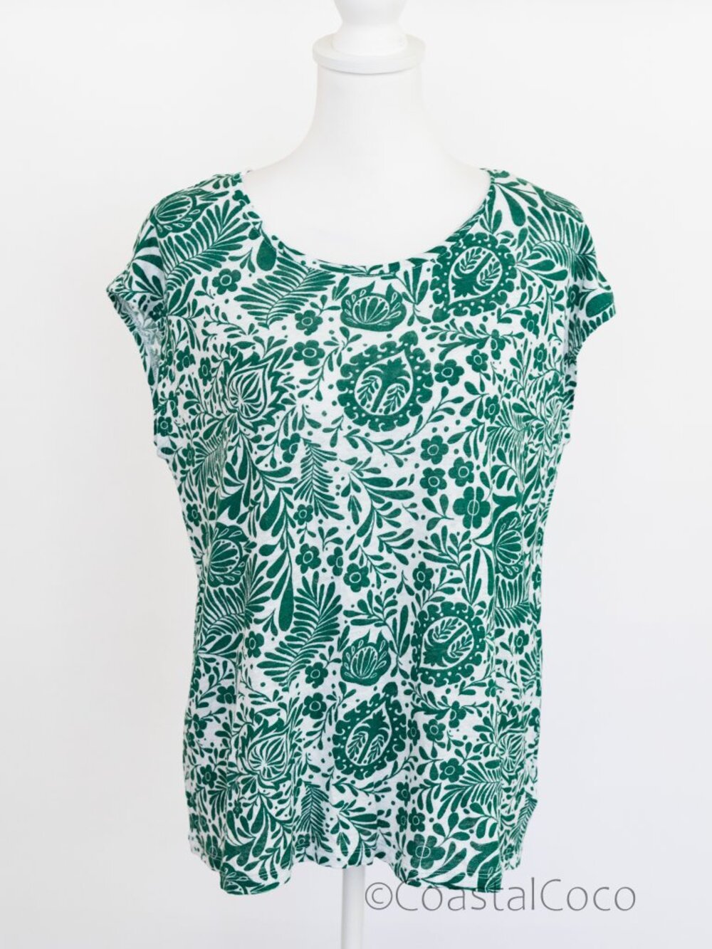 C&C California Floral 100% Linen L Woven Top Buttoned Back Botanical Summer